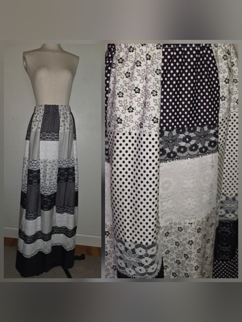 Vintage Tumbleweeds 1960s 1970s Quilted Patchwork Floral & Lace Maxi Skirt